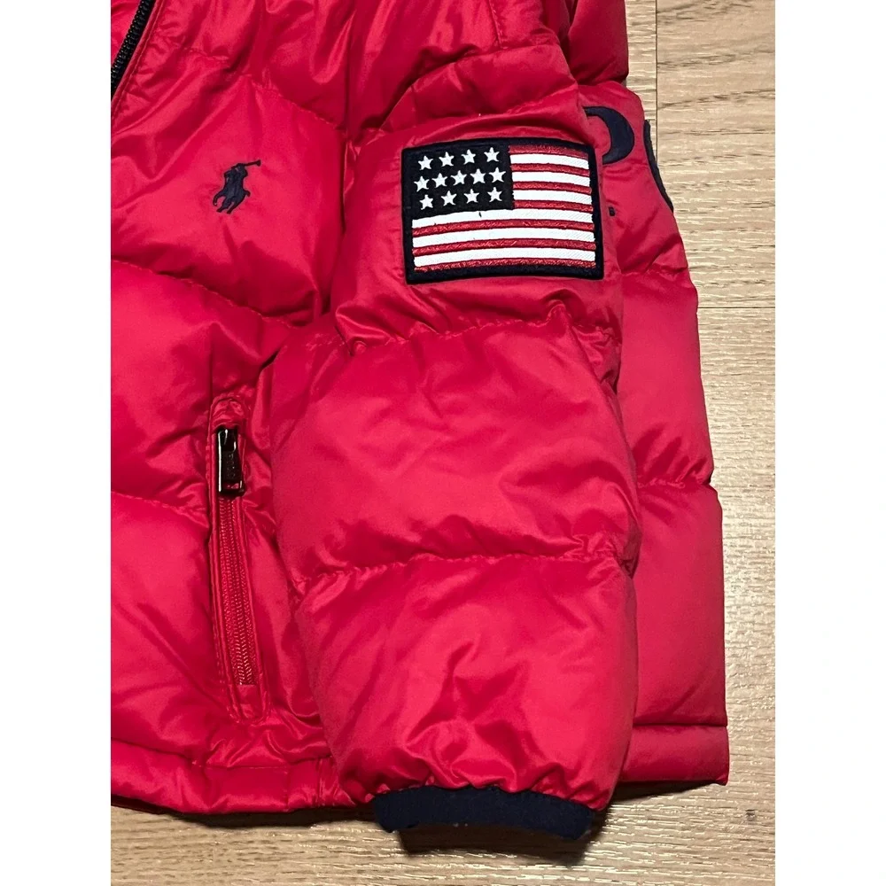 Ralph Lauren Puffer Jacket Kids 9M Red Coat American Flag Down Filled Hooded